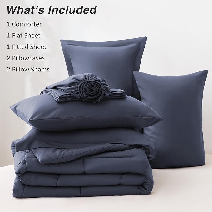 Love's cabin King Size Comforter Set Indigo Blue, 7 Pieces King Bed in a Bag, All Season Bedding Sets with 1 Comforter, 1 Flat Sheet, 1 Fitted Sheet, 2 Pillowcase and 2 Pillow Sham