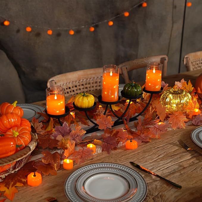 Homemory Halloween Orange Flameless Candles with String Lights, Battery Operated LED Candles with Remote and Timer, Candles for Halloween Decoration, Fall, Harvest Festival