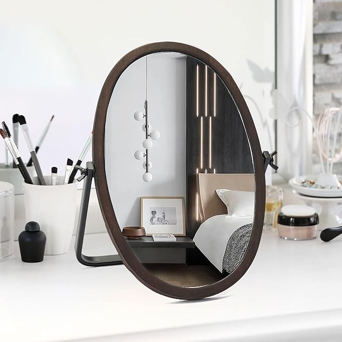 Vanity Table Makeup Mirror-Desk Small Standing Vintage Mirrors 360° Adjustable Rotation, Bronze Wood Framed for Dressing Table,Bedroom, Bathroom,Tabletop,Antique,Desktop 11.8'' x 7.8''