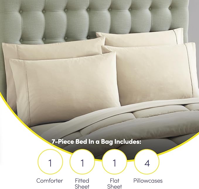 King Size Comforter Set with Sheets - 7-Piece Bedding Collection - 1 Comforter, 1 Fitted Sheet, 1 Flat, 4 Pillowcases - Deep Pocket - Soft & Breathable Premium Quality - Ideal for All Seasons, Beige