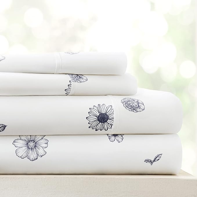 Linen Market 4 Piece King Sheet Set - Breathable, Double-Brushed Patterned Cooling Sheets – Oeko-TEX Certified Ultra Soft & Wrinkle-Free 16" Deep-Pocket King Sheets - Easy Care Indigo Flowers Navy
