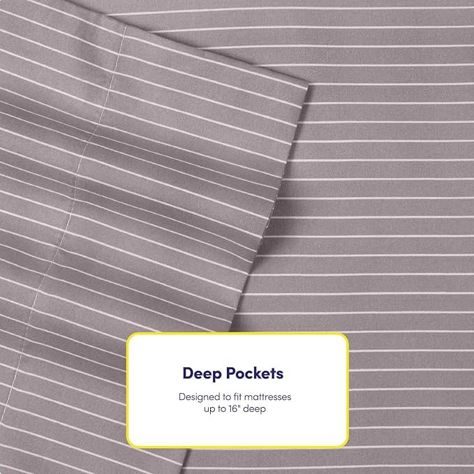 Queen Sheets Pinstripe Gray - 6 Piece 1500 Supreme Collection Fine Brushed Microfiber Deep Pocket Queen Sheet Set Bedding - 2 Extra Pillow Cases, Great Value, Queen, Pinstripe Gray