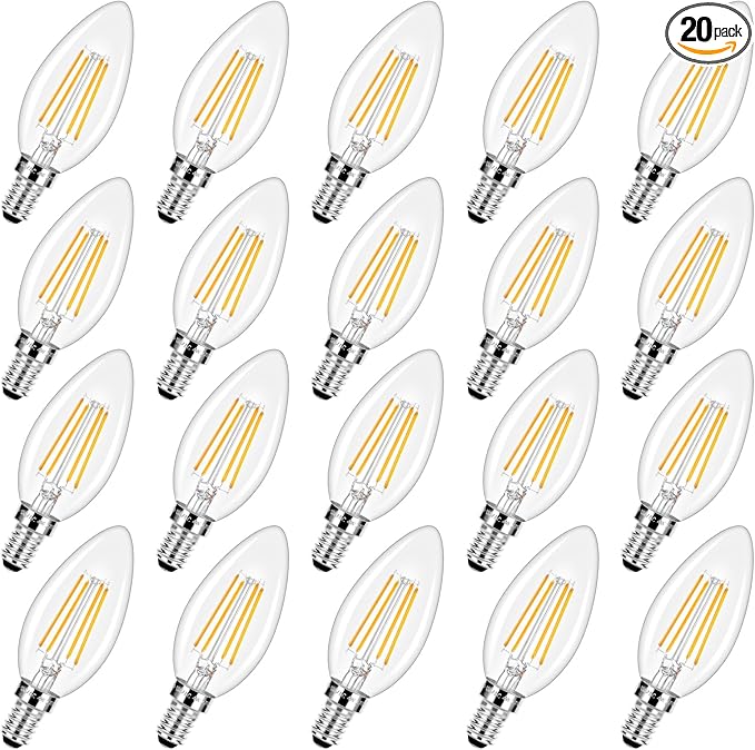 Dimmable E12 LED Candelabra Bulbs 40 Watt Equivalent, 4W Vintage Candle Light Bulbs, 470Lm Warm White 2700K B11 Edison Bulb, Filament Clear Glass Lamp Bulb for Chandelier Ceiling Fan (20 Packs)