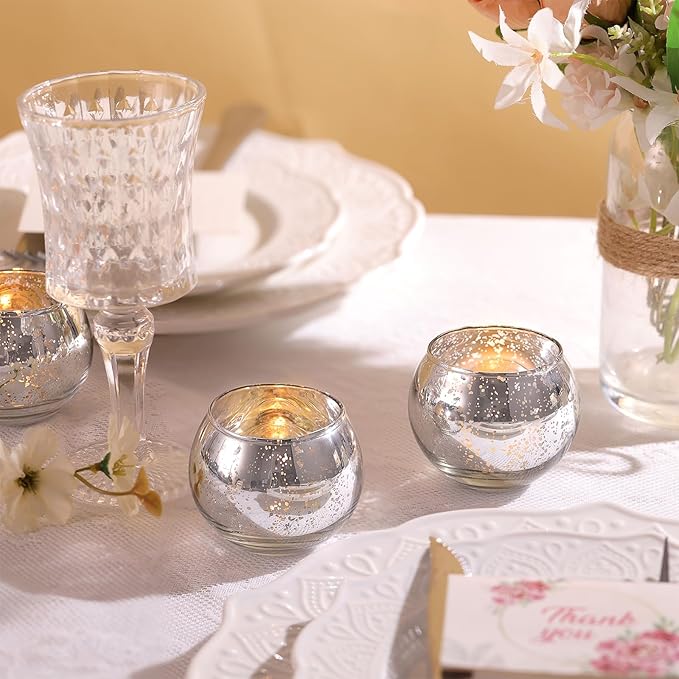 LAMORGIFT Silver Votive Candle Holders Set of 12 - Mercury Glass Votives Candle Holder - Christmas Tealight Candle Holder for Home Decor and Weddings/Parties Table Centerpieces