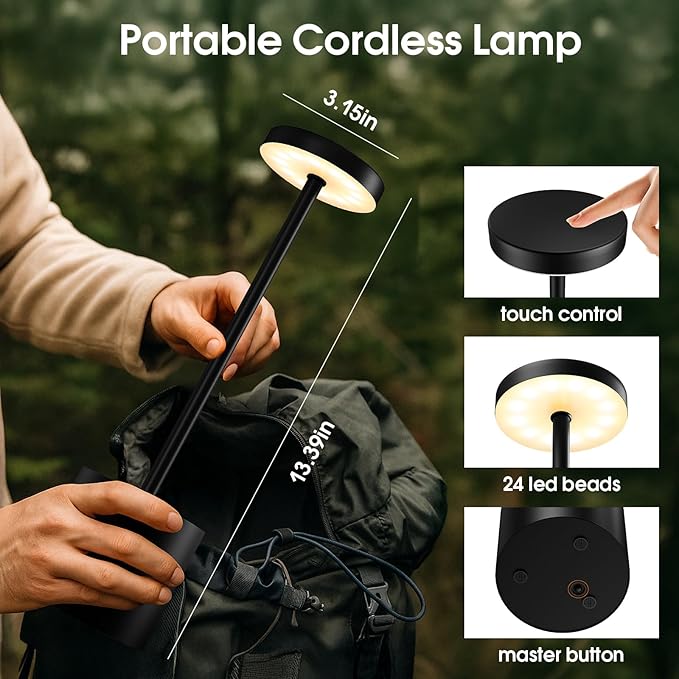 Cordless Table Lamp – 2 Pack Rechargeable Table Lamps, 5000mAh Battery Operated Lamp with 3-Color Dimmable Light, Outdoor Table Lamp for Bedroom, Restaurant, Patio, Home Décor (Black)