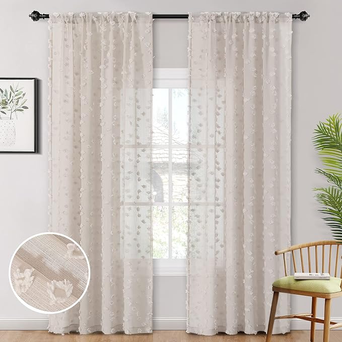 MYSKY HOME Pom Pom Beige Sheer Curtains for Bedroom Girls Room Curtains 72 Inches Long for Nursery Kids Light Filtering Boho Window Drapes, Rod Pocket, 38" Wide, 2 Panels
