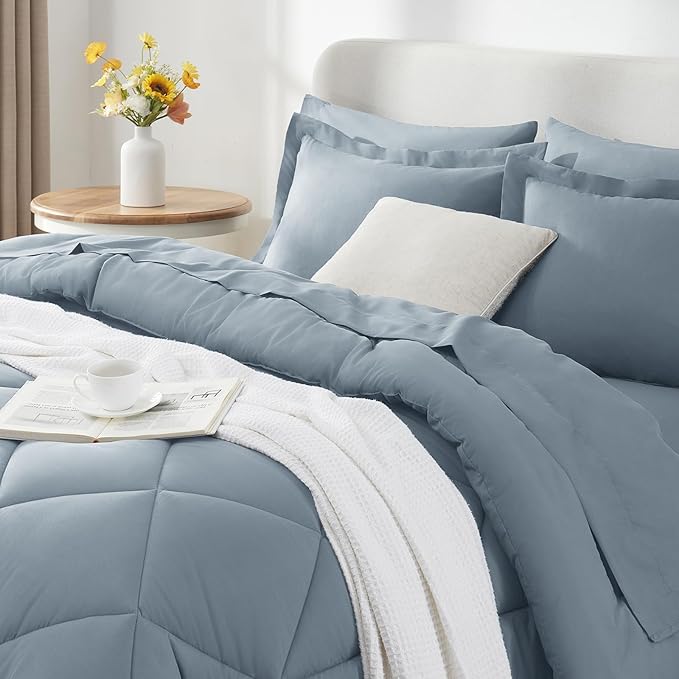 CozyLux Full Size Comforter Sets Dusty Blue - 7 Pieces Bed in a Bag Full, Luxury Soft Bed Set for All Seasons, Bedding Set with Down Alternative Comforter, Sheets, Pillowcases & Shams, Grayish Blue