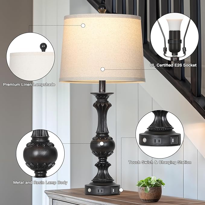 28" Farmhouse Table Lamps Set of 2, Retro Lamps for Living Room with USB C+A Ports & AC Outlet, 3 Way Touch Control Resin Bedside Lamp, Rustic Bedroom Lamp for Nightstand Side End Table Desk, Black