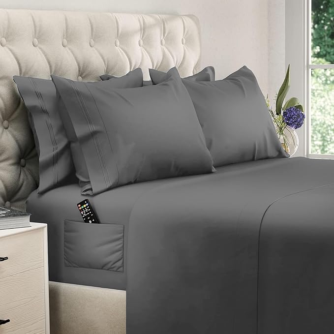 DREAMCARE Queen Sheet Set – 6 pcs Cooling Bed Sheets – up to 15” Deep Sheets Queen Size Bed Set – 2500 Supreme Collection – Extra Soft 100% Brushed Microfiber Hotel Luxury with Side Pocket – D Gray