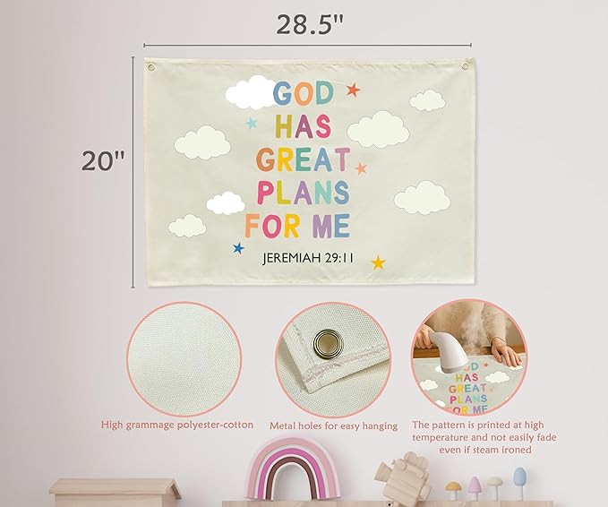 Christian Bible Verse Scripture Rectangular Banner Flag Wall Sign Decor Gift for Baby Boy Girl Kid-Nursery Baby Room Bedroom Decor-Baby Shower,Birthday Christmas Gift-God Has Great Plans