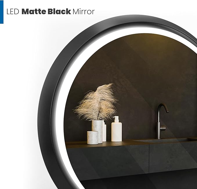 Fab Glass 32 Inch Front Lit LED Circle Vanity Bathroom Mirror, Anti-Fog Dimmable Touch & 3 Color Modes Round Framed LED Mirror 32" L X 32" W Black