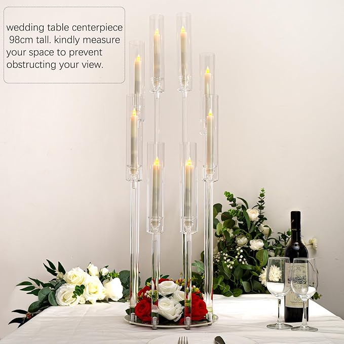 VINCIGANT 8 Arms Clear Candlesticks Holder for Wedding Decorations,Tall Arcylic Candelabra Candle Holder with Shade for Valentines Day Events Party Table Centerpiece,Fit LED Candles