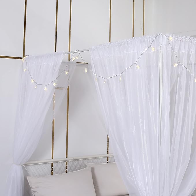 Akiky Princess Canopy Bed Curtains Set with Star Light Sheer Curtain for King Size Bed,8 Panels Canopies (King, White)