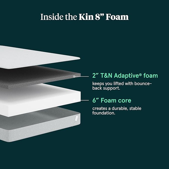Kin By Tuft & Needle Firm 8" Twin Adaptive Foam Mattress in a Box, Cooling Pressure Relief, Balanced Support, 100 Night Trial, Fiberglass-Free, CertiPUR-US, 10-Year Limited Warranty