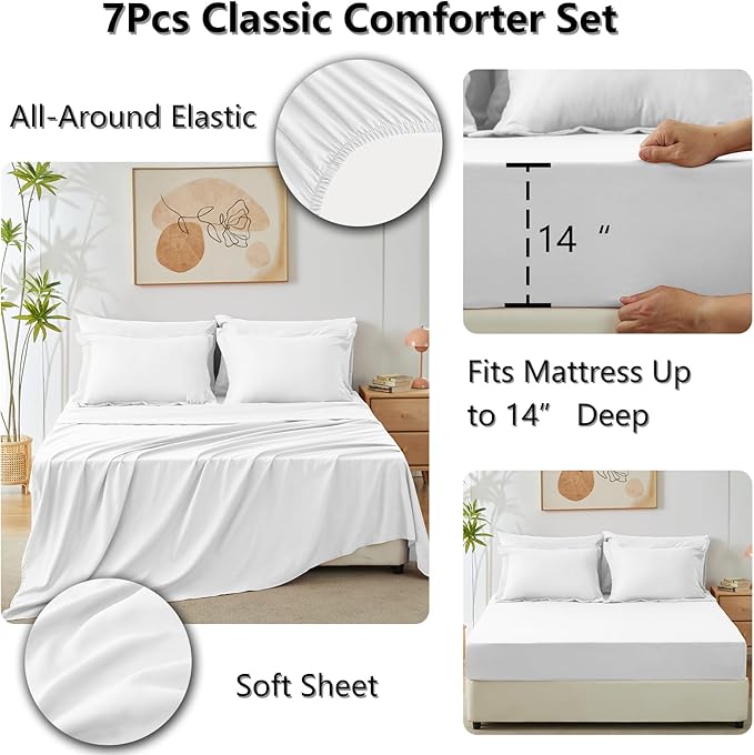 CozyLux King Size Comforter Set White - 7 Pieces Bed in a Bag King, Luxury Soft Bed Set for All Seasons, Bedding Set with Down Alternative Comforter, Sheets, Pillowcases & Shams