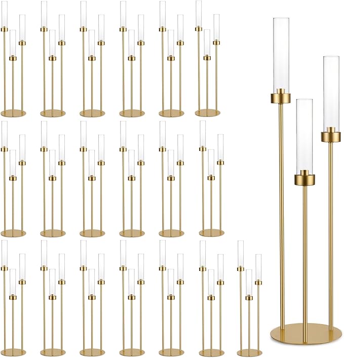 Vincidern 20pcs Gold Candelabra with Acrylic Lampshade, 3 Arm Taper Candle Holder, 33.8 in Tall Metal Candlestick for Table Centerpieces, Halloween, Christmas, Wedding Decor