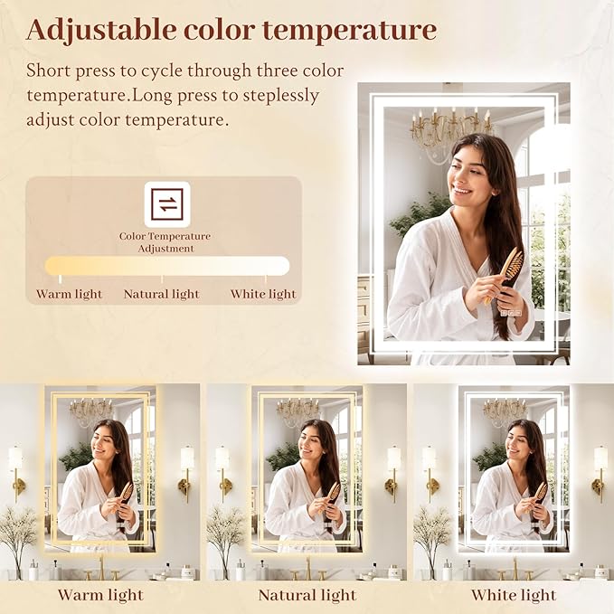 24x36 LED Mirror for Bathroom with Front and Backlit Light Up Digital Mirrors for Wall,Anti Fog,Stepless Dimmable,Tempered Silver Glass Smart Vanity Mirror for Bathroom