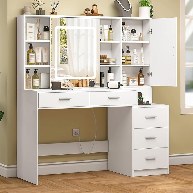 Quimoo Vanity Desk with Lighted Mirror and Power Outlet, Makeup Vanity Desk with 5 Drawers and Cabinet, Hidden and Open Shelves, White Vanity Table Set with 3 Color Lighting