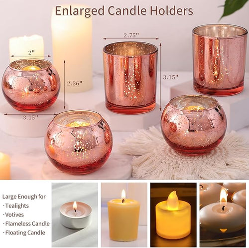 10 Pcs Assorted Rose Gold Candle Holders, Larger Size Mercury Glass Votives for Wedding, Rose Gold Birthday Decorations, Votive Candle Holders for Valentines/Bridal Shower/Sweet 16 Party Favors