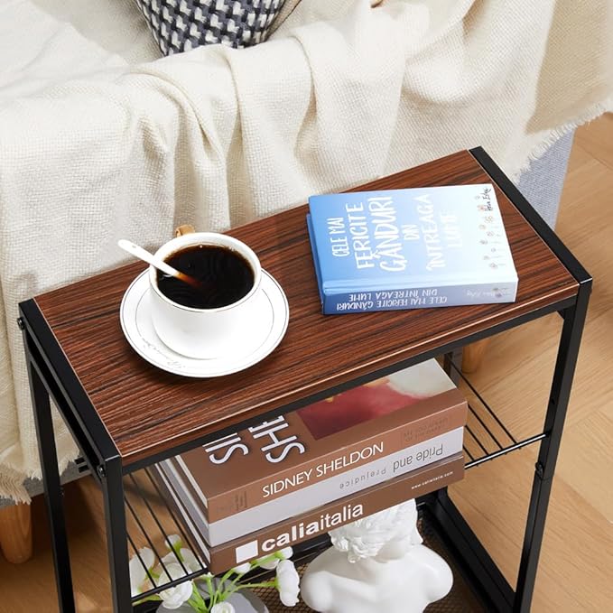 Small Side Table for Small Spaces - Slim End Table with Magazine Holder - 2 in 1 Design Narrow End Table Living Room - Skinny Bedside Table Nightstand Bedroom Thin Side Table, Cherry