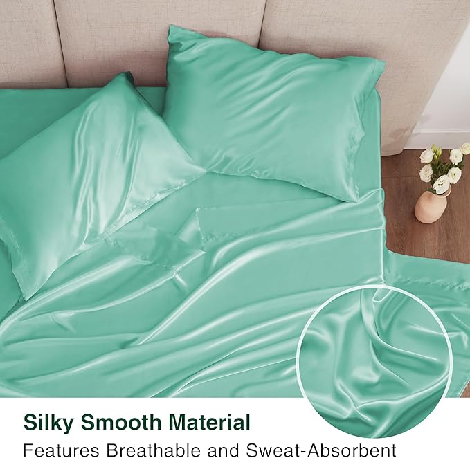 Love's cabin Satin King Sheet Sets - 4 Piece Aqua Silky Sheets King Size Bed Set with Deep Pocket, Luxury Silk Feel King Size Satin Sheet Set (1 Flat Sheet,1 Fitted Sheet,2 Pillow Cases)
