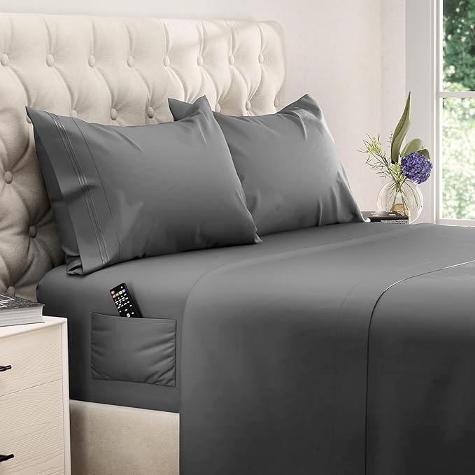 DREAMCARE Full Size Sheets - Cooling Bed Sheets - 4pcs Set - up to 15" Deep Pocket Full Sheet Set - Sheets Full Size Bed - Soft & Long Lasting 100% Fine Brushed Polyester with Side Pocket - Dark Gray
