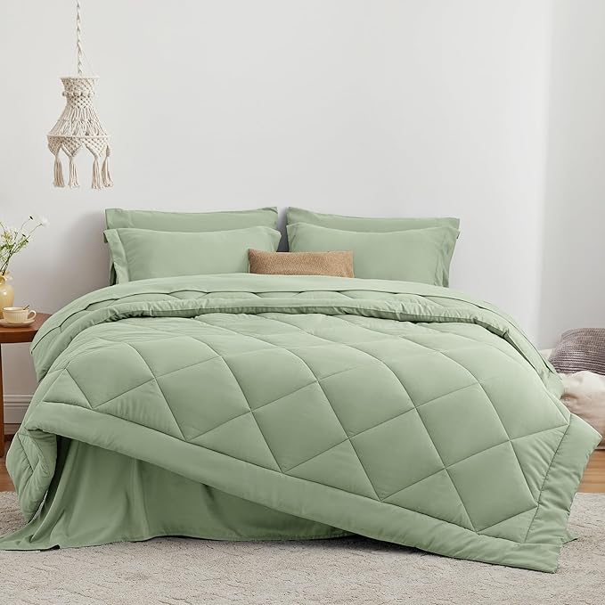Love's cabin Twin XL Comforter Set Sage, 5 Pieces Twin XL Bed in a Bag, All Season Bedding Sets with 1 Comforter, 1 Flat Sheet, 1 Fitted Sheet, 1 Pillowcase and 1 Pillow Sham