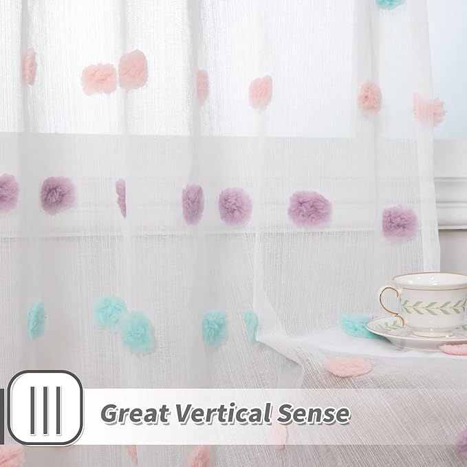 MYSKY HOME Rainbow Curtains for Bedroom Nursery Pom Pom Curtains Kids 84 Inch Length Long White Sheer Curtains 2 Panels Set for Living Room Girls Room Rod Pocket Farmhouse Dining Room 52 x 84 inch