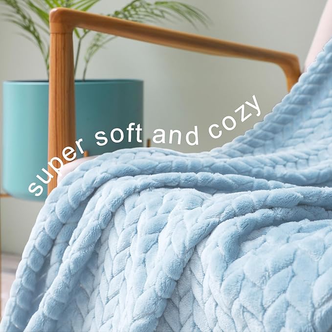 Exclusivo Mezcla Fleece Throw Blanket for Couch, 50x70 Inches Soft Cozy Jacquard Flannel Blankets, Lightweight Fuzzy Plush Warm Throws for Winter, Light Blue