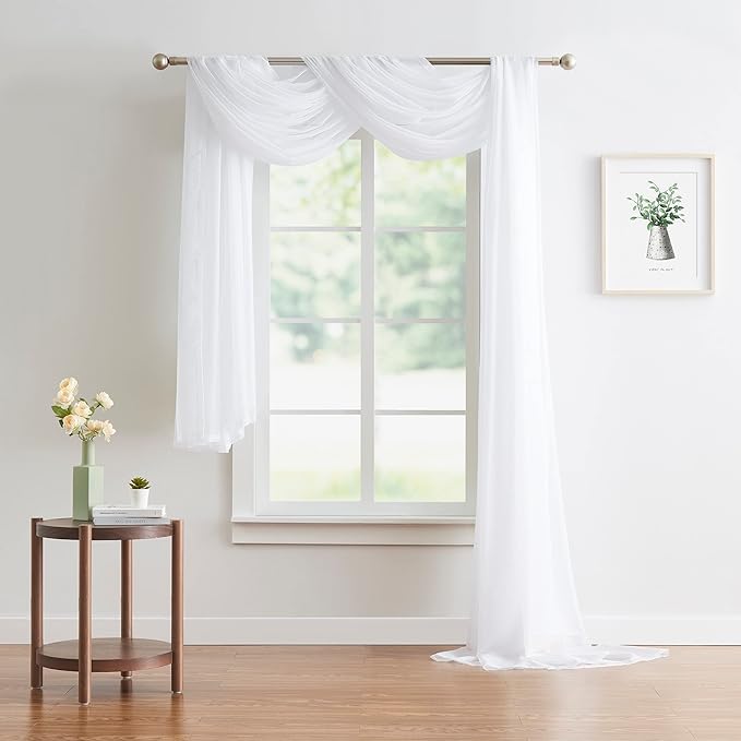 Warm Home Designs Standard Length White Sheer Window Scarf. Valance Scarves are 54 X 144 Inches. Great As Wedding Arch Draping Fabric, Bed Canopy Or for Decorative Project. AM White 144"