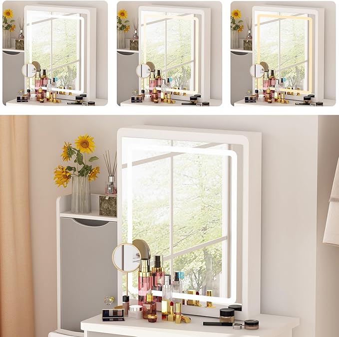 FAMAPY Vanity Desk with Mirror and Lights, Vanity Makeup Desk with Sliding Lighted Mirror, Vanity Mirror Makeup Desk with Cushion Stool, Drawers and Shelves, White and Grey