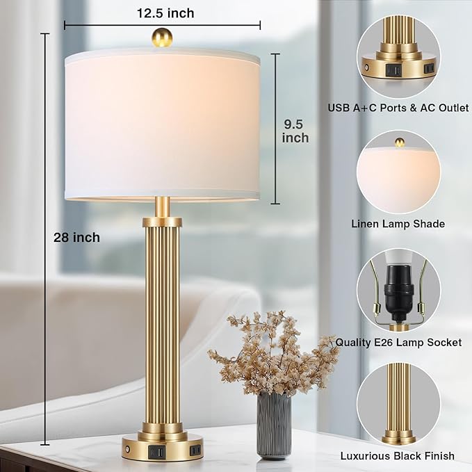 28" Tall Modern Table Lamps Set of 2 with USB C+A Ports and AC Outlet, 3 Way Touch Metal Bedside Lamps for Living Room, Gold Nightstand Lamps for Bedroom