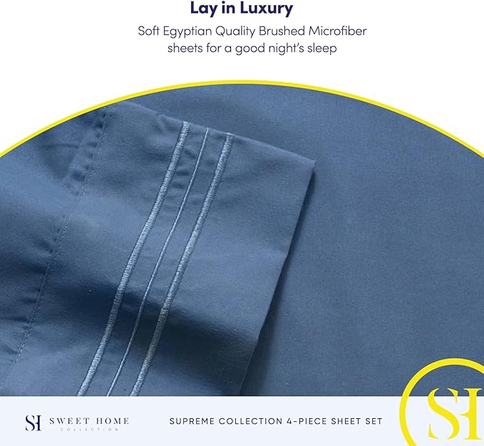 Split King Sheets - Breathable Luxury Sheets with Full Elastic & Secure Corner Straps Built In - 1800 Supreme Collection Extra Soft Deep Pocket Bedding Set, Sheet Set, Split King Size, Denim
