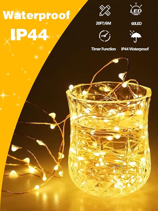 6 Pack 60LED Christmas Battery Operated Fairy Lights with Remote, 8 Modes String Lights with Timer, Dimmable, Memory Function, Waterproof Twinkle Lights for Outdoor Indoor Christmas Decor(Warm White)