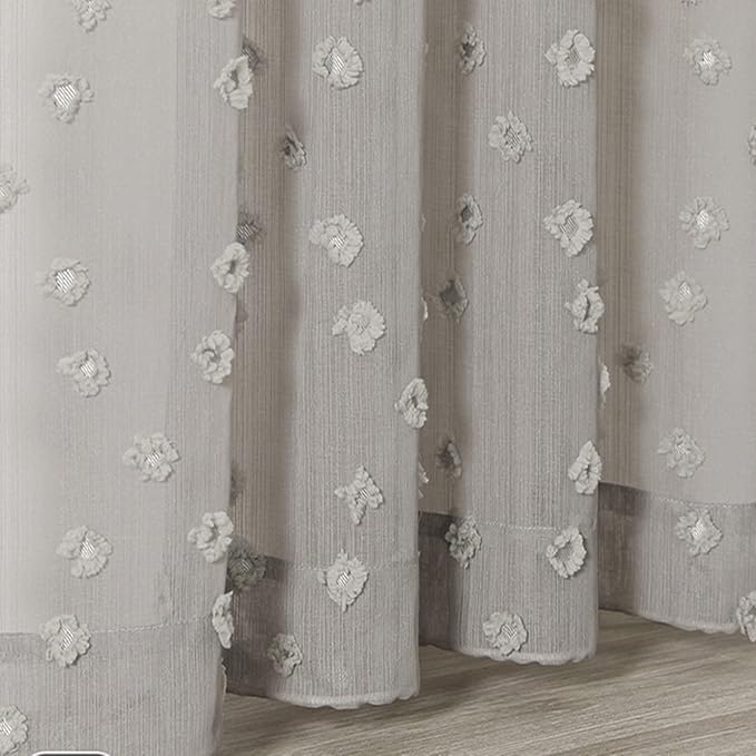 MYSKY HOME Pom Pom Grey Sheer Curtains for Bedroom Girls Room Curtains 108 Inches Long for Nursery Kids Light Filtering Boho Window Drapes, Rod Pocket, 38" Wide, 2 Panels