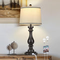 27.5" Farmhouse Table Lamp for Living Room,Vintage Bedside Nightstand Lamp with USB C+A Ports & AC Outlet,3-Way Dimmable Touch Control Retro Black Desk Lamp for Bedroom,Single Black