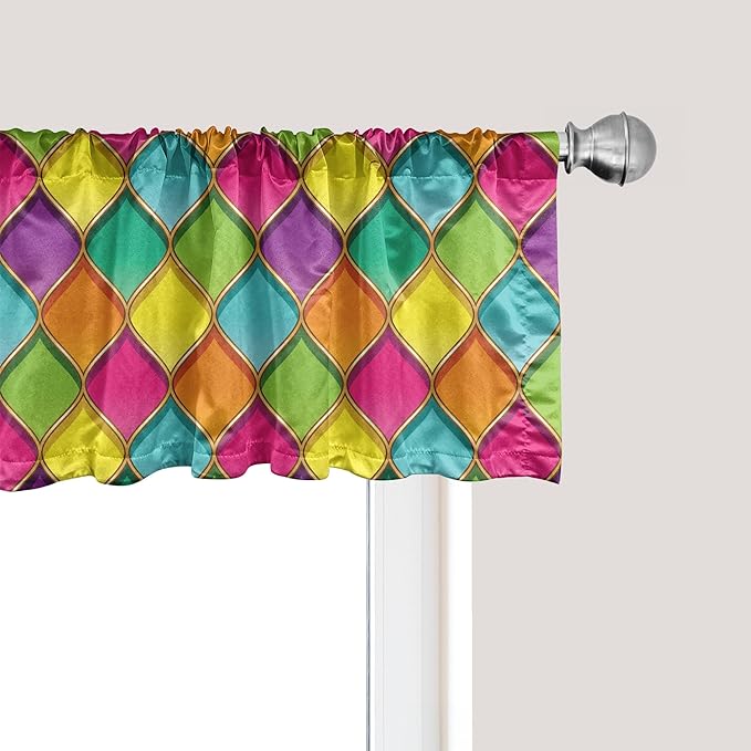 Ambesonne Geometric Window Valance Pack of 2, Vivid Colored Stained Glass Style Pattern Wavy Lines Curves Oval Shapes Modern, Rod Pocket Curtain Valances for Kitchen Bedroom, 54" X 12", Multicolor