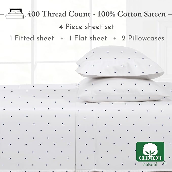 California Design Den Queen Sheet Set - 400 Thread Count Sateen, Natural 100% Cotton Sheets for Queen Size Bed, Deep Pocket Cooling and Durable Bedding - Polka Dot