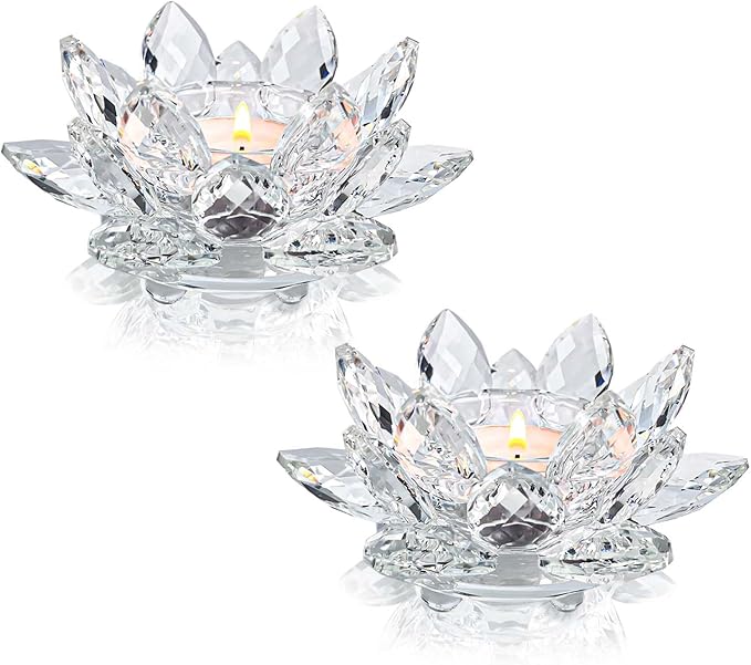 Crystal Lotus Flower Tealight Candle Holders/Glass Tea Light Candlestick Decor Decoration for Christmas Home Wedding Party… (Clean 2pcs)