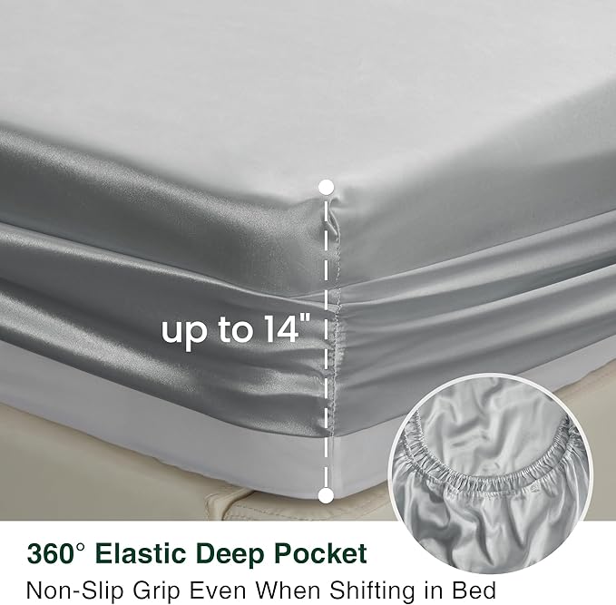 Love's cabin Satin Queen Sheets Set - 4 Piece Silver Silky Bed Sheets with Deep Pocket, Luxury Silk Feel Satin Queen Size Sheet Set (1 Flat Sheet,1 Fitted Sheet,2 Pillow Cases)