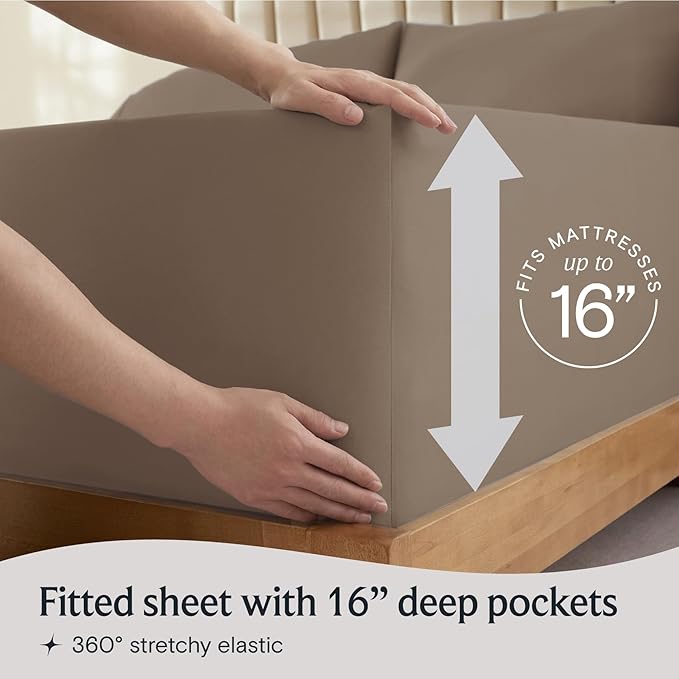 LuxClub 4 PC King Sheet Set, Deep Pockets Wrinkle Free Cooling Bed Sheets Hotel Bedding for Women, Men, Kids & Teens, Includes 1 Fitted Sheet, 1 Flat Sheet and 2 Pillowcases - Silky Soft Dark Khaki