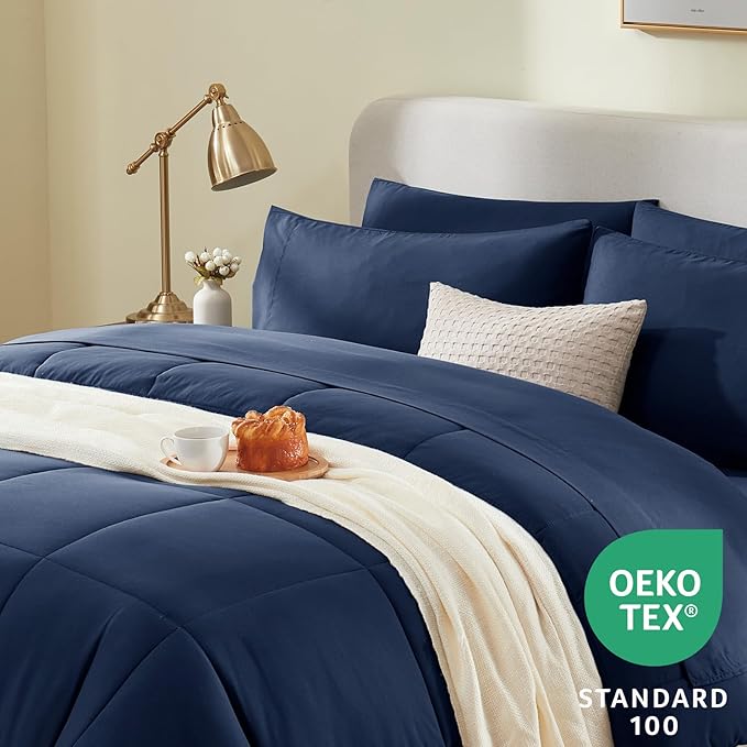 CozyLux Full Size Comforter Sets Navy Blue, 7 Pieces Bed in a Bag, Navy Comforter Full Size, All Season Bedding Sets with Stitch Quilted Comforter, Flat Sheet, Fitted Sheet, Pillowcases