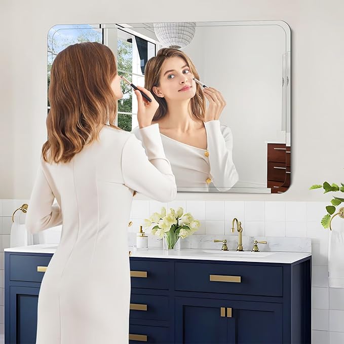 Frameless Bathroom Mirror for Over Sink,Wall Mounted Vanity Mirrors 12x16in,Rounded Rectangle Mirror Frameless with Polished Edge for Bedroom,Living Room,Entryway,Shatterproof (Horizontal/Vertical)