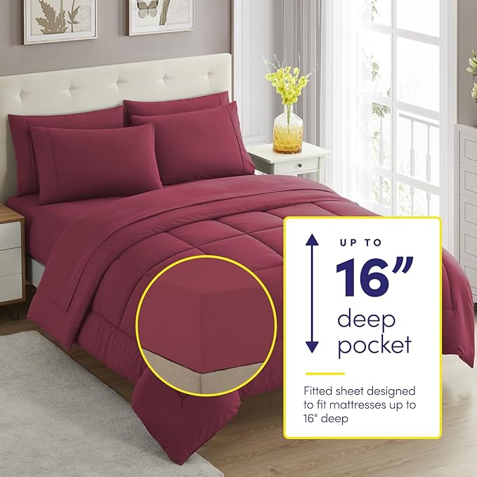 King Size Comforter Set with Sheets - 7-Piece Bedding Collection - 1 Comforter, 1 Fitted Sheet, 1 Flat, 4 Pillowcases - Deep Pocket - Soft & Premium Quality - Ideal for All Seasons, Burgundy