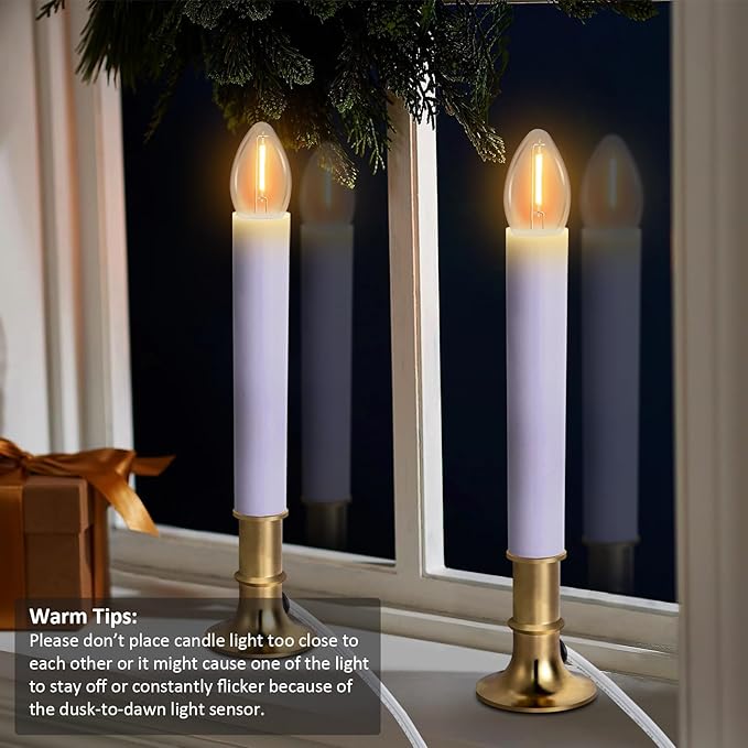 8-Pack Dusk to Dawn Electric Christmas Window Candle Lights with Shatterproof Plastic LED Bulbs, Plug-in Corded Window Candle Lamps, Auto On/Off Light Sensor, 8 Suction Cups Included, Warm White