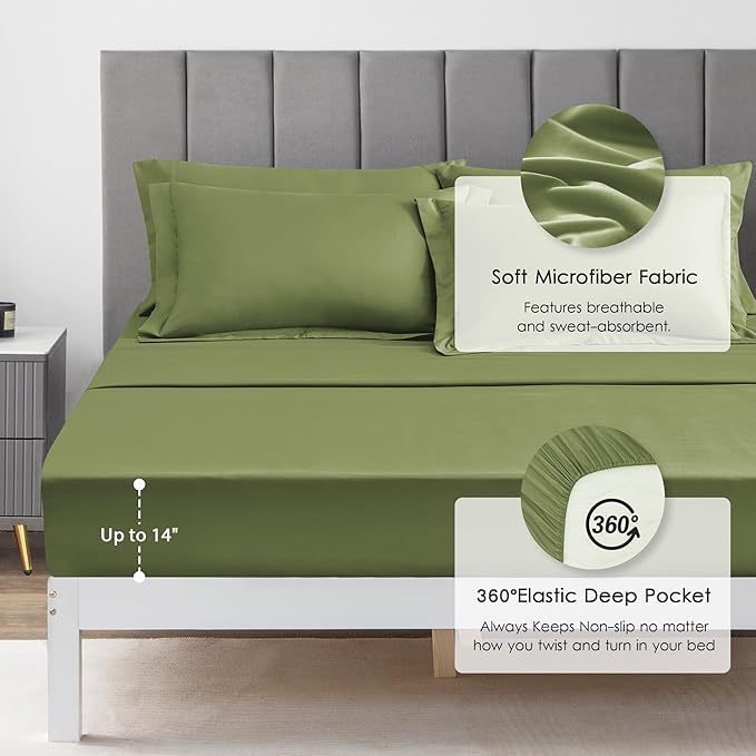 Love's cabin California King Comforter Set Olive Green, 7 Pieces California King Bed in a Bag, All Season Bedding Sets with 1 Comforter, 1 Flat Sheet, 1 Fitted Sheet, 2 Pillowcase and 2 Pillow Sham