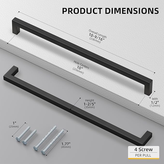 Goldenwarm 1 Pack Black Square Bar Cabinet Pull Drawer Handle Stainless Steel Modern Hardware for Kitchen and Bathroom Cabinets Cupboard,Center to Center 10in(256mm)