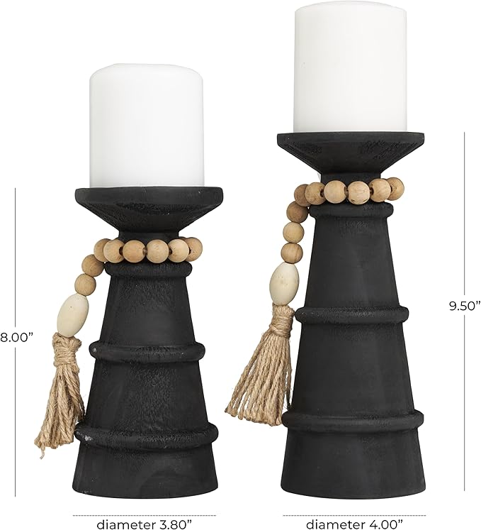 Deco 79 Wood Handmade Decorative Candle Holder Textured Matte Candle Stand with Beaded Garland Accent, Set of 2 Candlestick Holder 10", 8" H, Black