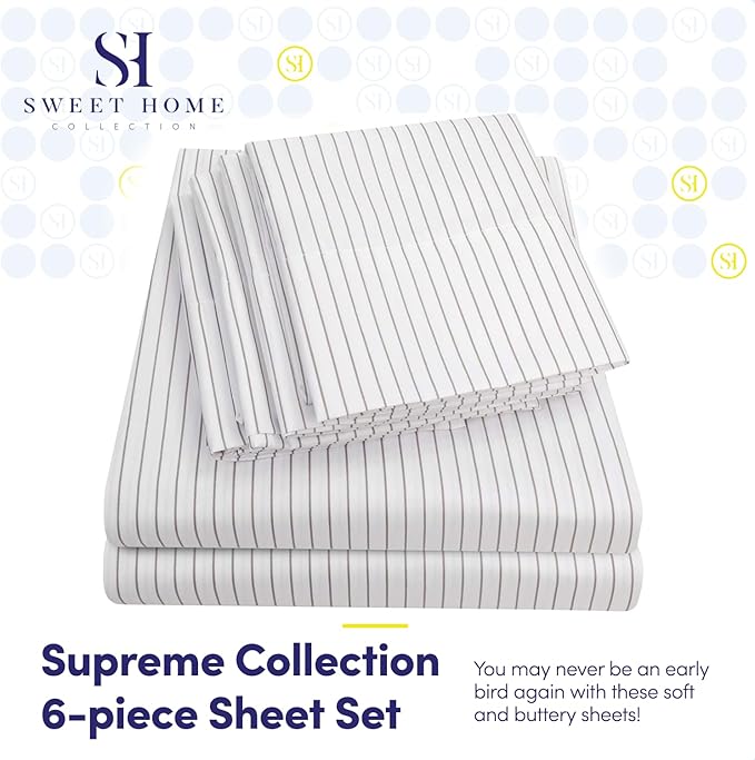 Cal King Size Bed Sheets - 6 Piece 1500 Supreme Collection Fine Brushed Microfiber Deep Pocket California King Sheet Set Bedding - 2 Extra Pillow Cases, Great Value, California King, Pinstripe White