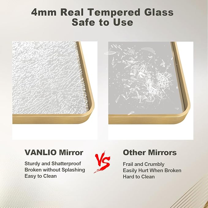 40x30 Inch Gold Framed Bathroom Mirror, Brushed Gold Metal Vanity Mirror, Gold Rectangle Mirror for Wall, Rounded Corner, Tempered Glass, Anti-Rust, Shatterproof (Horizontal/Vertical)
